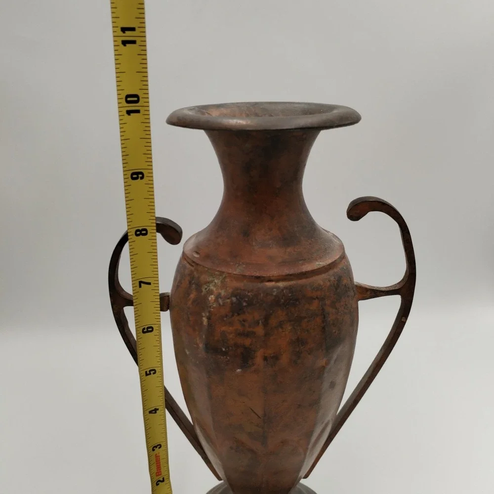 Vintage 10 In Solid Brass Double Handle Urn Vase Grecian Vessel Rustic Patina